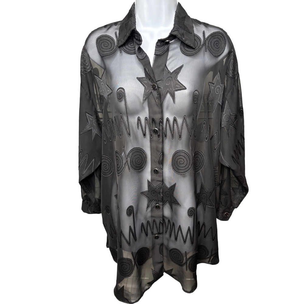 SAND DOLLARS Womens Black Embroidered Sheer Blouse Sz XL Stars Whimsigoth Boho